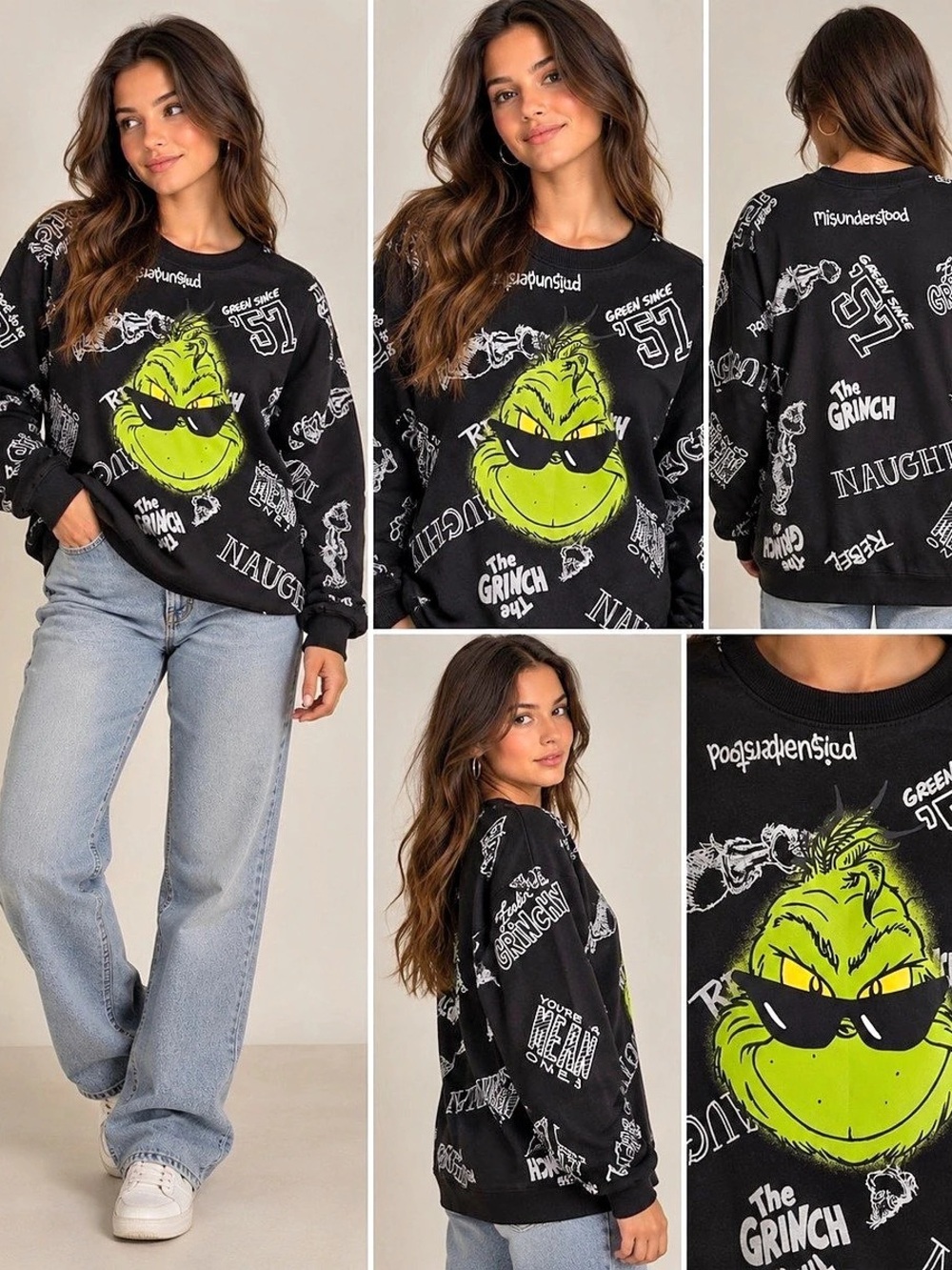 Dr. Seuss The Grinch All-Over Print Sweatshirt Graphic Sweatshirt Black & Green